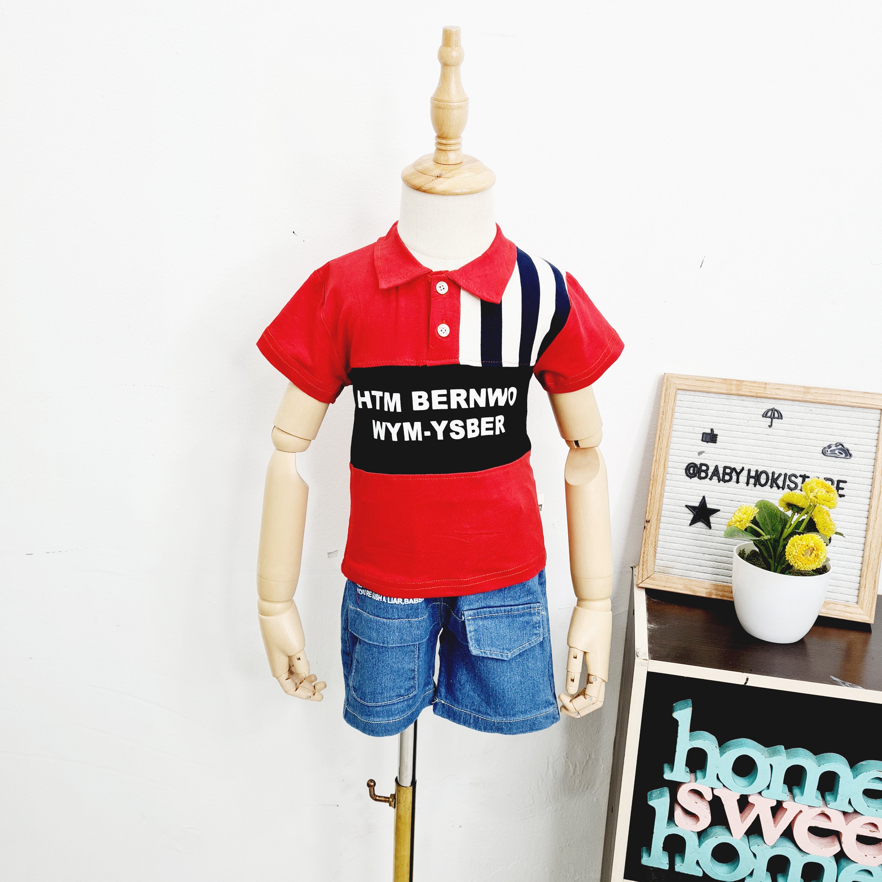[001399] - Setelan Kaos Kerah Polo Celana Pendek Denim Jeans Anak Cowok - Motif Plain Strip