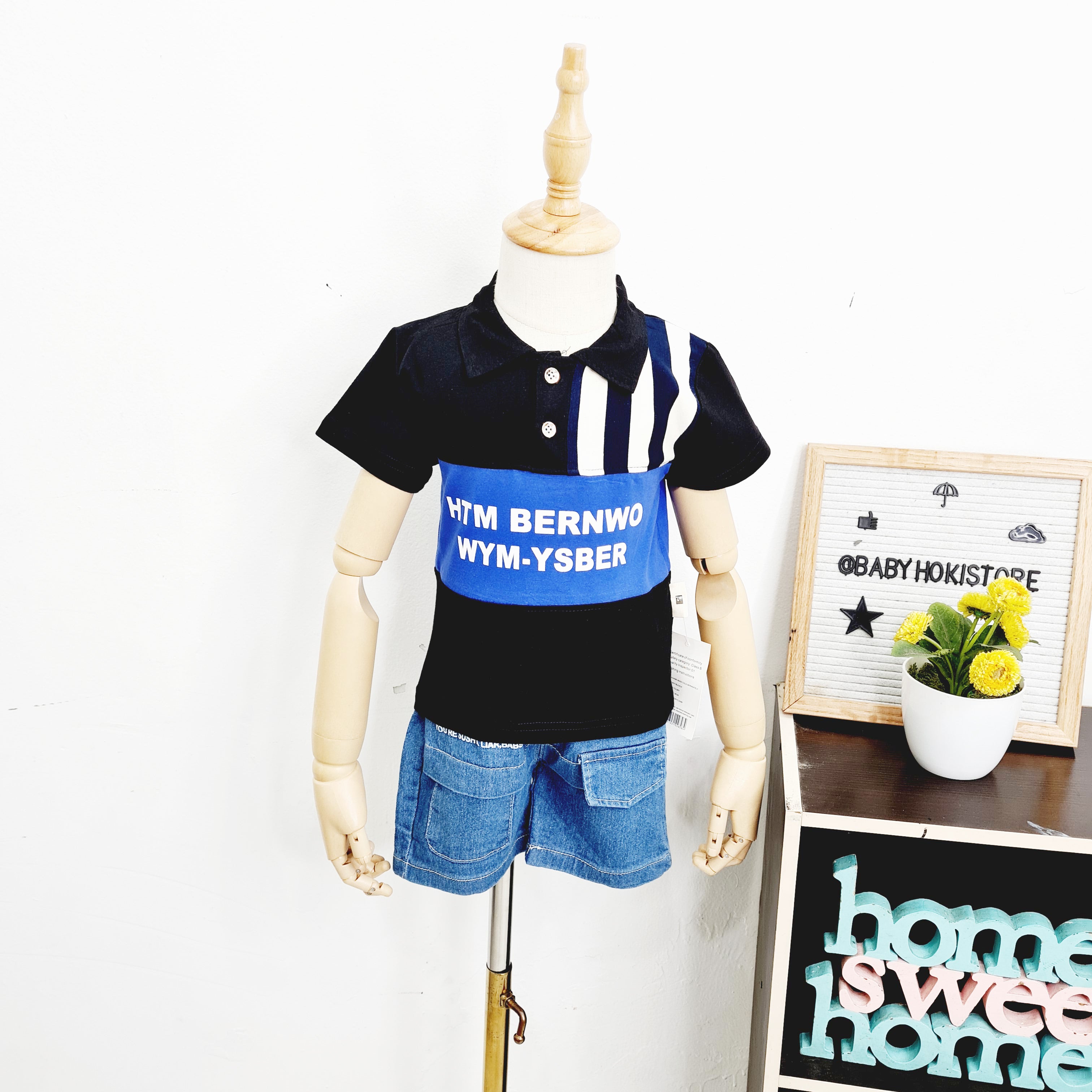 [001399] - Setelan Kaos Kerah Polo Celana Pendek Denim Jeans Anak Cowok - Motif Plain Strip