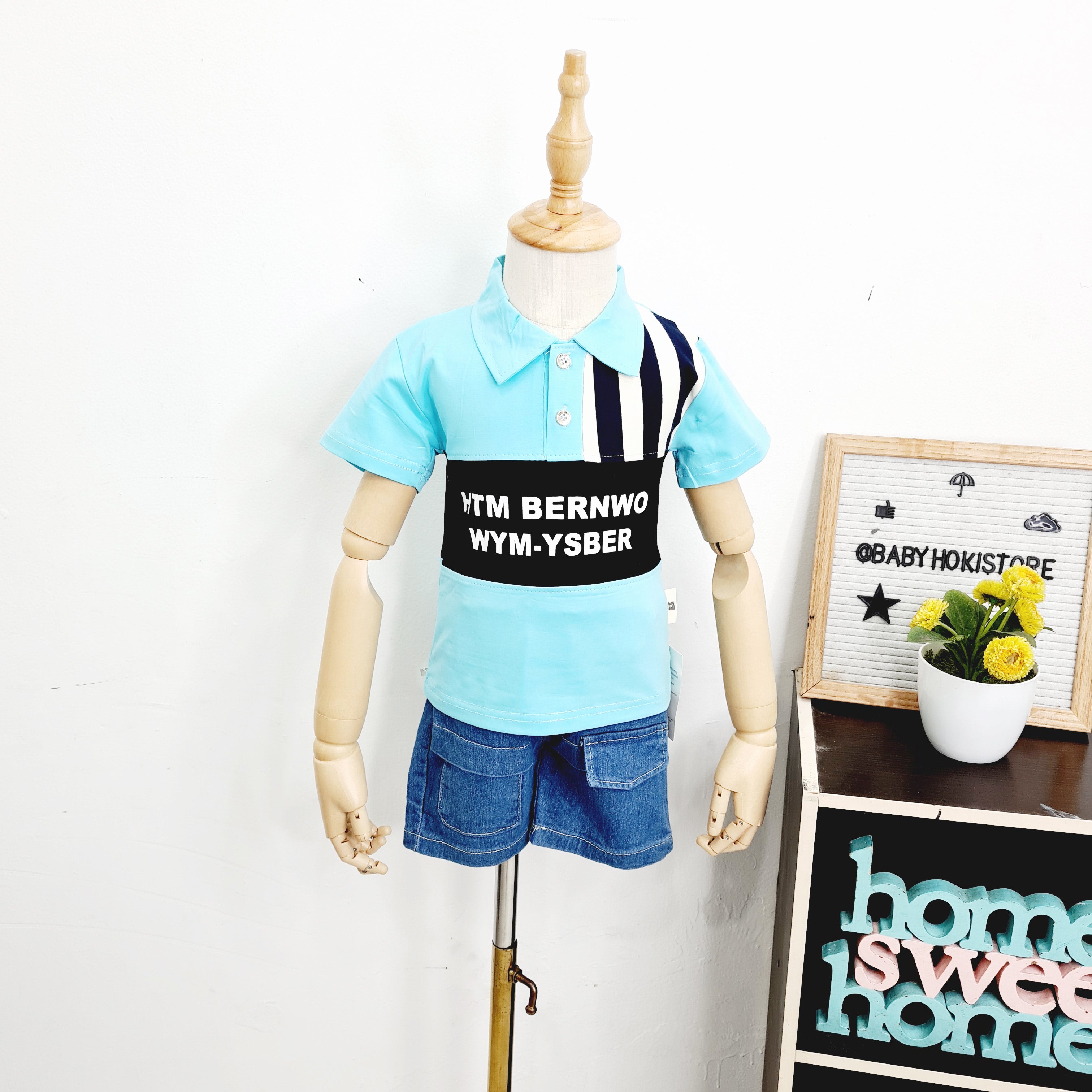 [001399] - Setelan Kaos Kerah Polo Celana Pendek Denim Jeans Anak Cowok - Motif Plain Strip