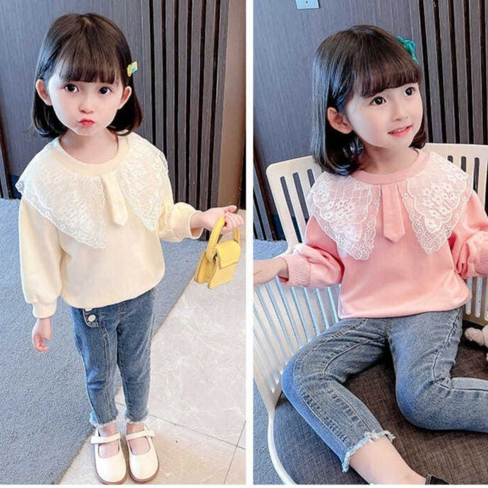 [001401] - Setelan Blouse Lengan Panjang Celana Panjang Jeans Anak Perempuan - Motif Neat Flower