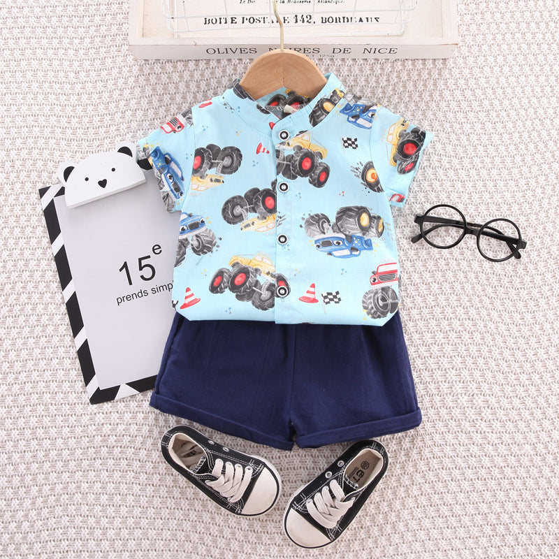 [001407] - Setelan Kemeja Koko Celana Pendek Chino Anak Cowok - Motif Monster Car