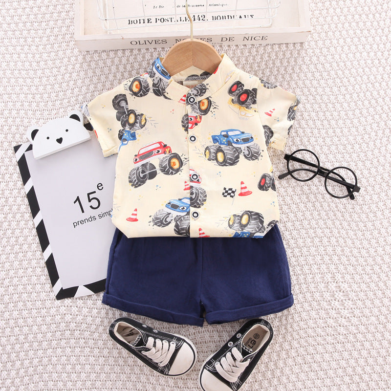 [001407] - Setelan Kemeja Koko Celana Pendek Chino Anak Cowok - Motif Monster Car