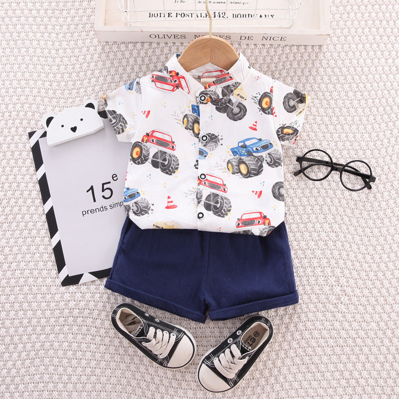 [001407] - Setelan Kemeja Koko Celana Pendek Chino Anak Cowok - Motif Monster Car