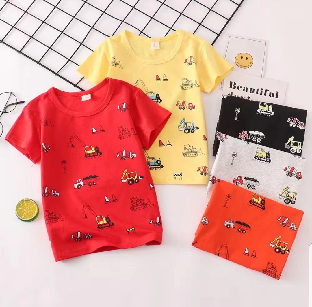 [001410] - Atasan Kaos Homewear Lengan Pendek Anak Laki-Laki - Motif Construction Vehicle