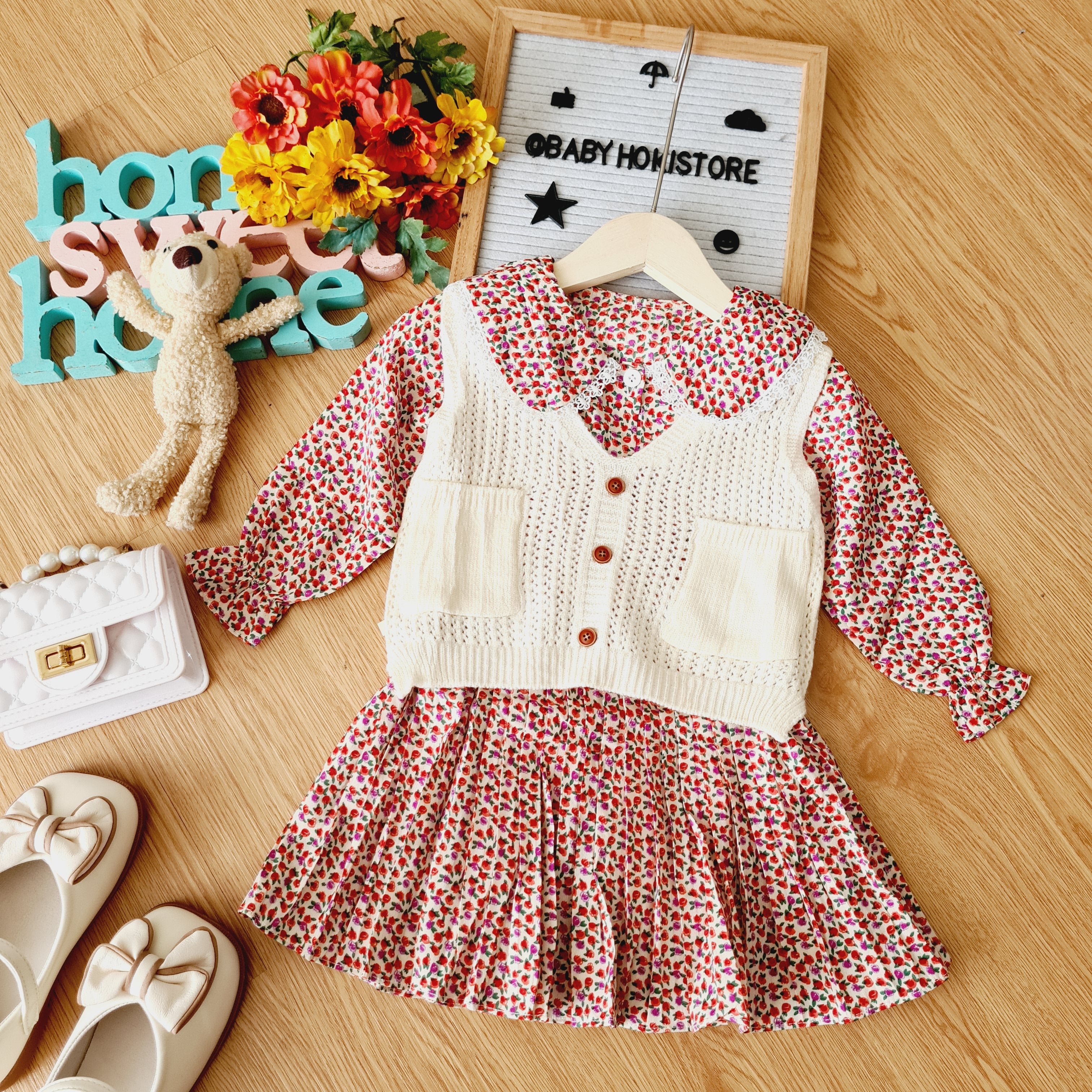 [001413] - Dress Rompi Lengan Panjang Gaya Korea Anak Perempuan - Motif Knitting Flowers