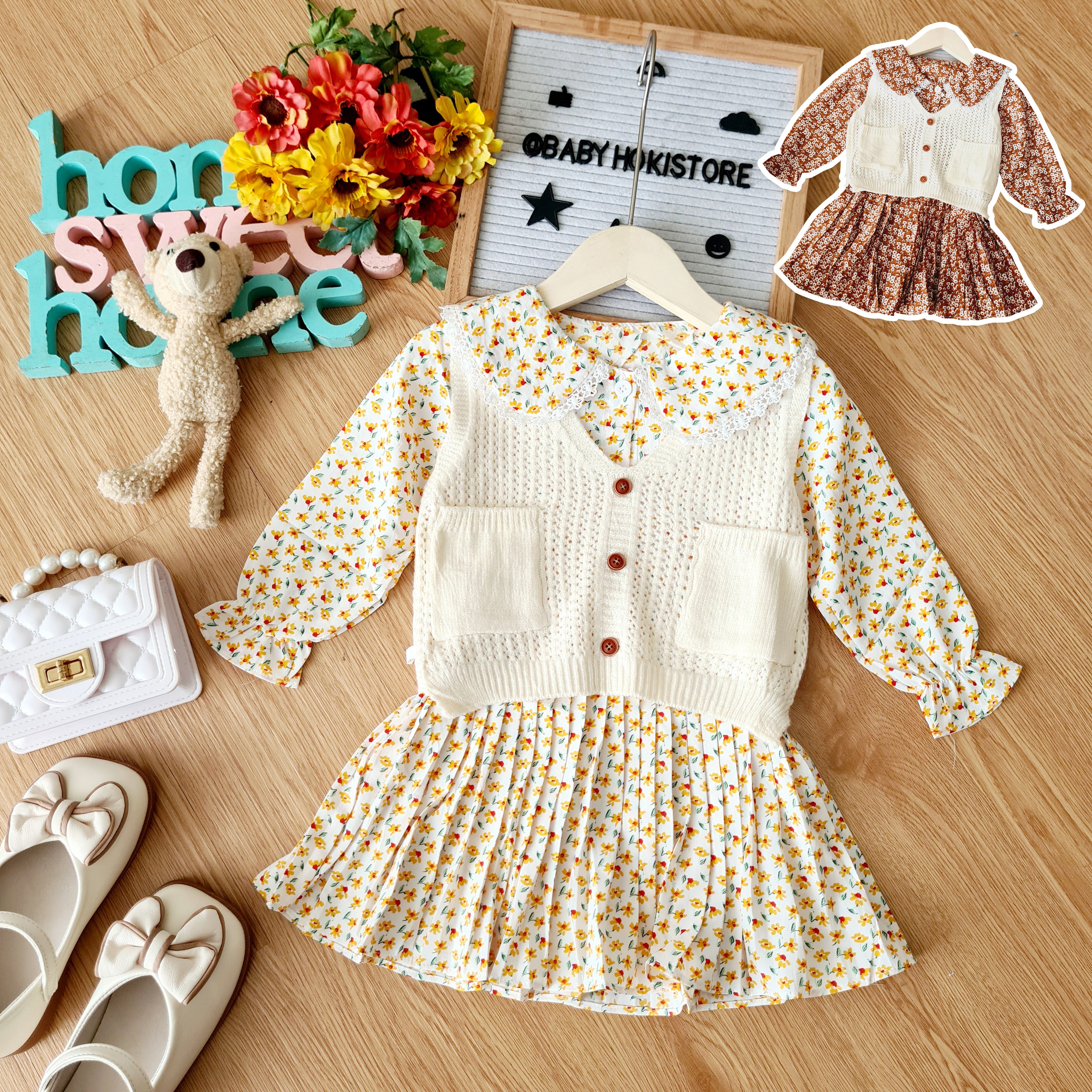 [001413] - Dress Rompi Lengan Panjang Gaya Korea Anak Perempuan - Motif Knitting Flowers