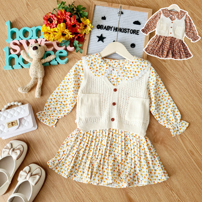 [001413] - Dress Rompi Lengan Panjang Gaya Korea Anak Perempuan - Motif Knitting Flowers