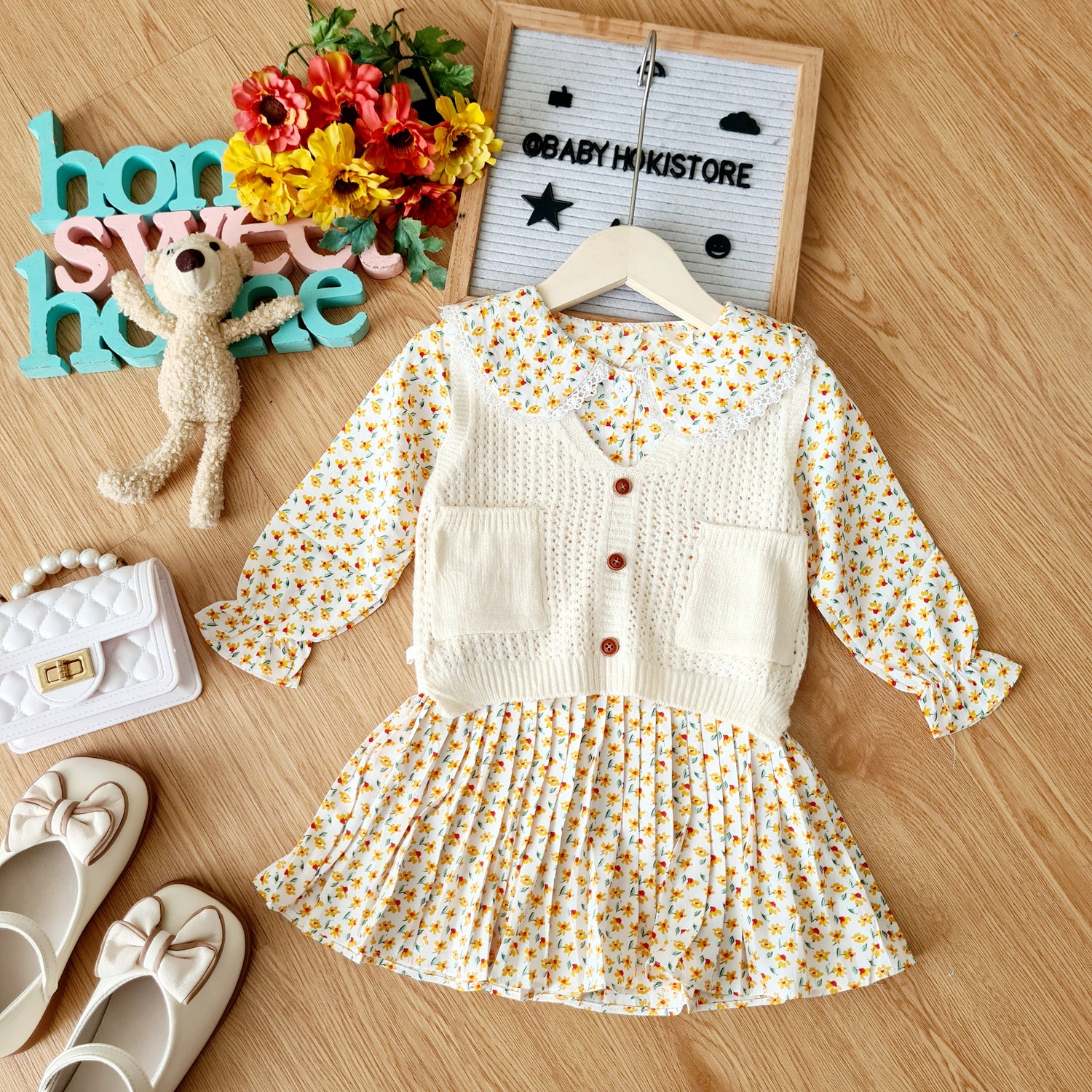 [001413] - Dress Rompi Lengan Panjang Gaya Korea Anak Perempuan - Motif Knitting Flowers