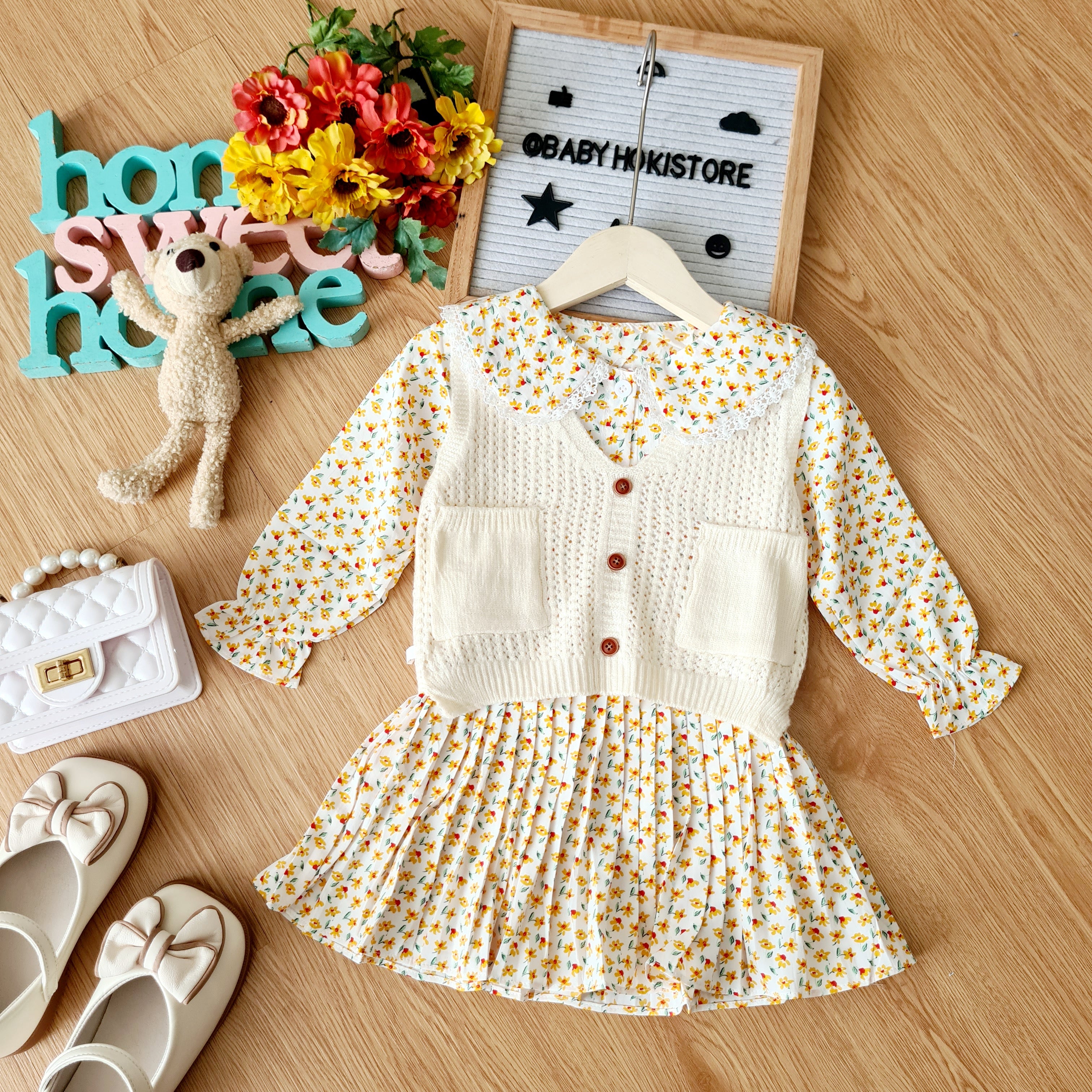 [001413] - Dress Rompi Lengan Panjang Gaya Korea Anak Perempuan - Motif Knitting Flowers