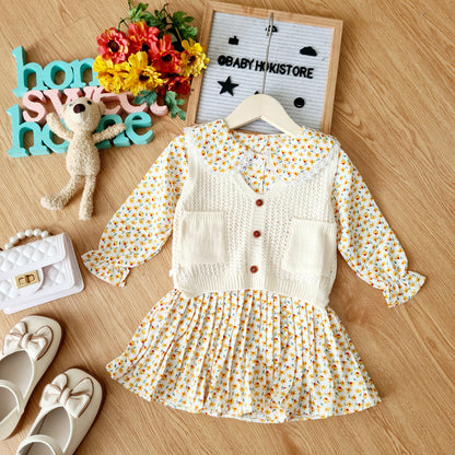 [001413] - Dress Rompi Lengan Panjang Gaya Korea Anak Perempuan - Motif Knitting Flowers