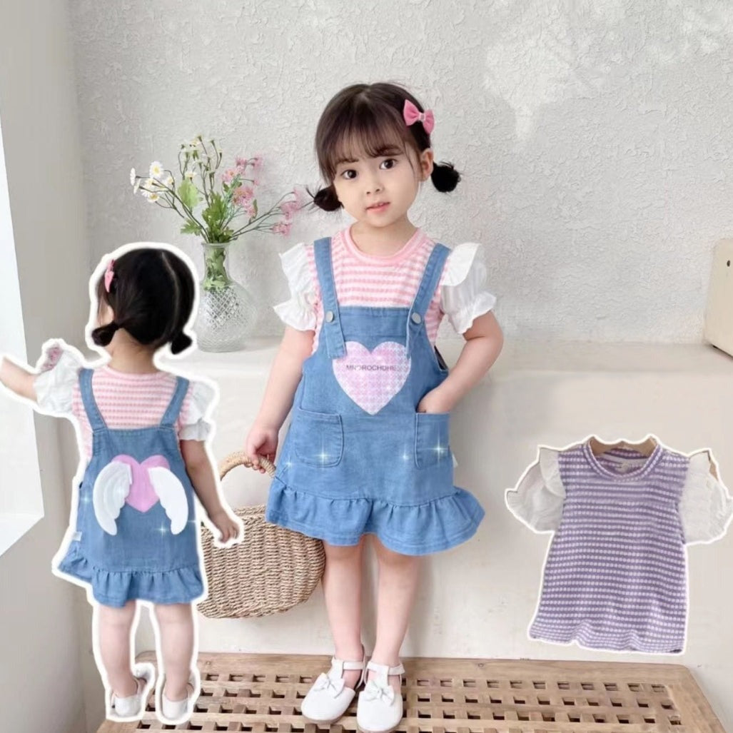 [001434] - Setelan Kaos 3D Overall Denim Anak Perempuan - Motif Wing Heart