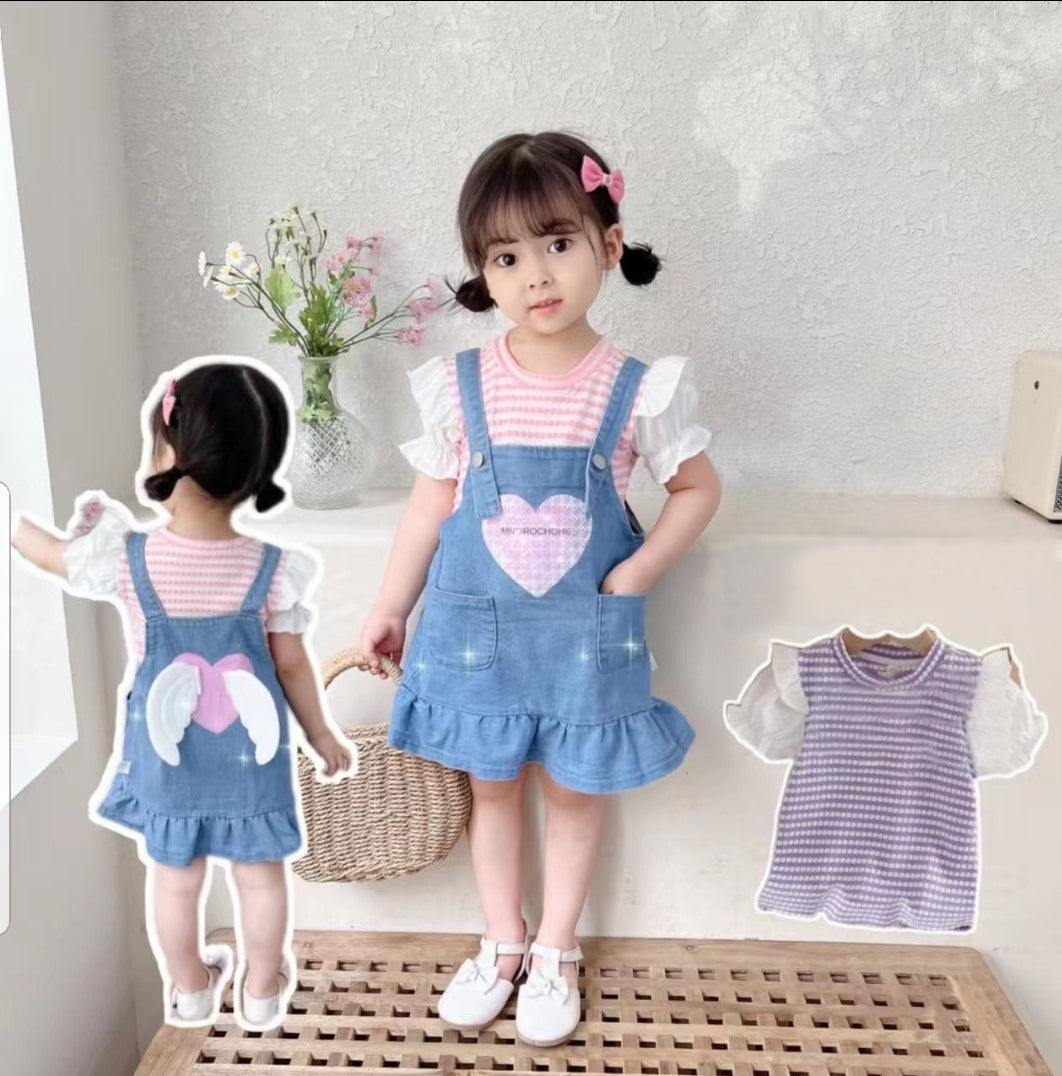 [001434] - Setelan Kaos 3D Overall Denim Anak Perempuan - Motif Wing Heart