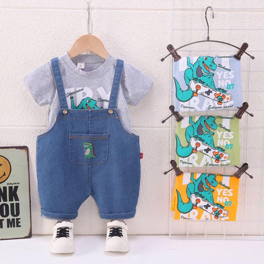 [001435] - Setelan Kaos Overall Jeans Kodok Anak Laki-Laki - Motif Dino Skateboards