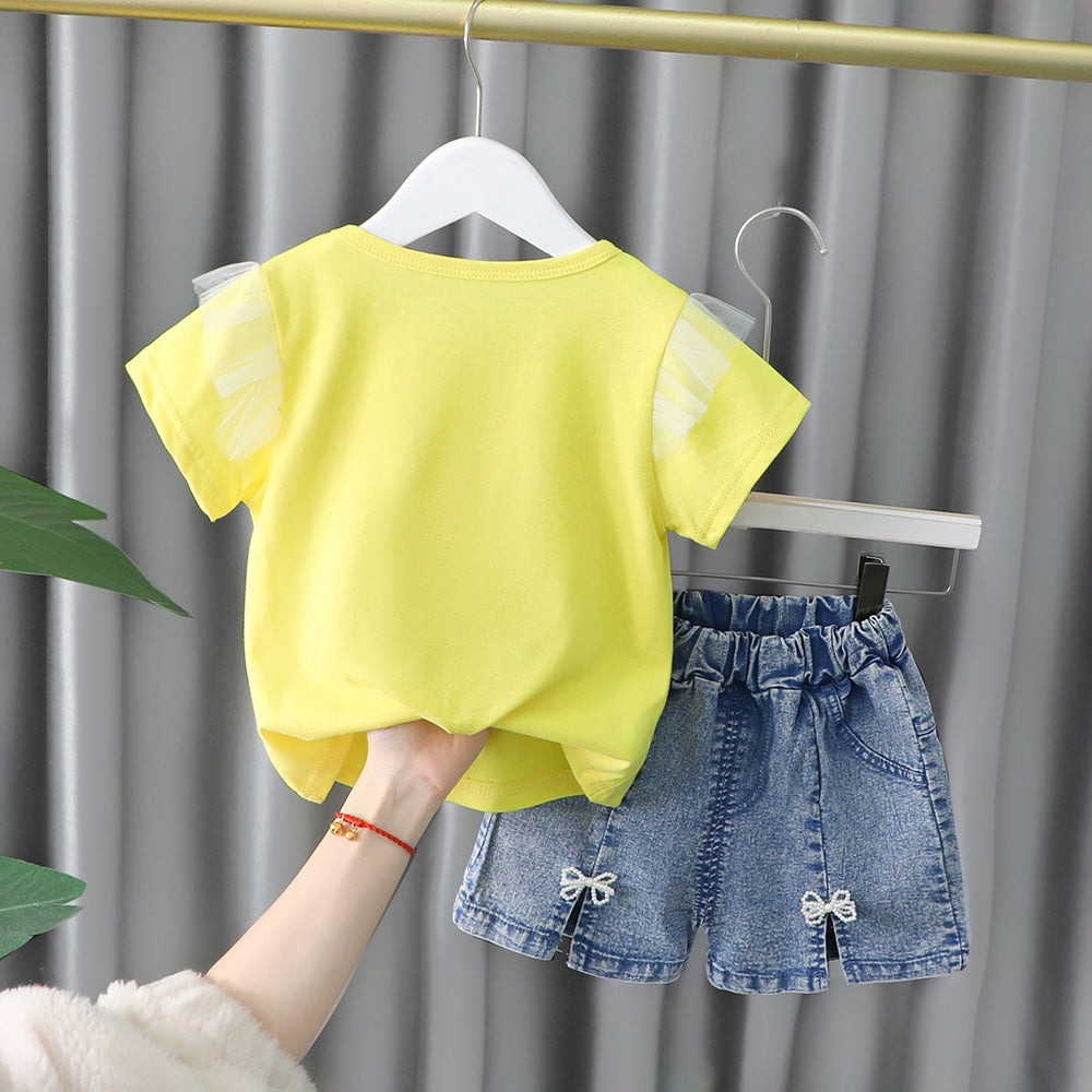 [001442] - Setelan Kaos Celana Pendek Jeans Anak Perempuan - Motif Pearl Ribbon