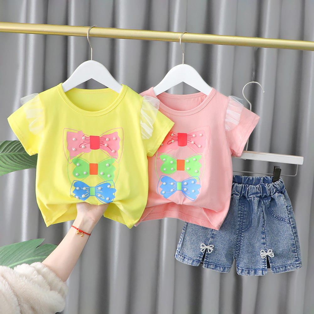 [001442] - Setelan Kaos Celana Pendek Jeans Anak Perempuan - Motif Pearl Ribbon