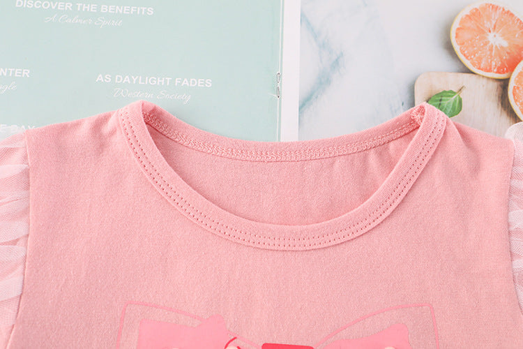 [001442] - Setelan Kaos Celana Pendek Jeans Anak Perempuan - Motif Pearl Ribbon