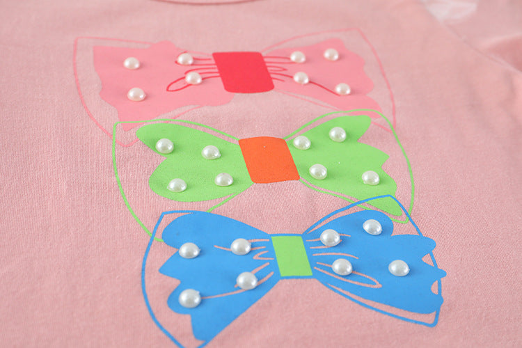 [001442] - Setelan Kaos Celana Pendek Jeans Anak Perempuan - Motif Pearl Ribbon