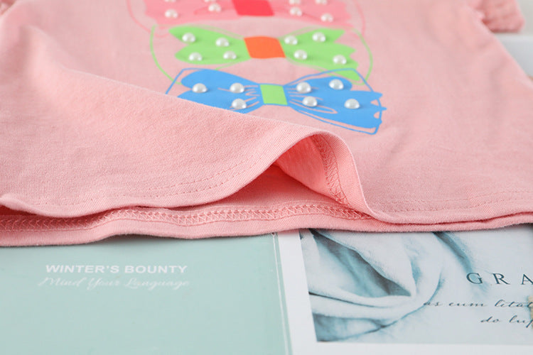 [001442] - Setelan Kaos Celana Pendek Jeans Anak Perempuan - Motif Pearl Ribbon