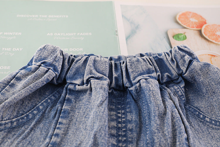 [001442] - Setelan Kaos Celana Pendek Jeans Anak Perempuan - Motif Pearl Ribbon