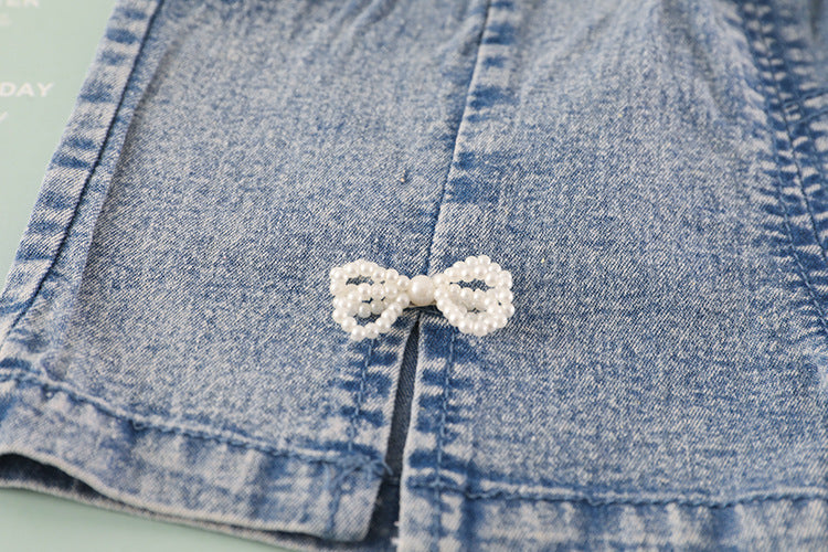 [001442] - Setelan Kaos Celana Pendek Jeans Anak Perempuan - Motif Pearl Ribbon