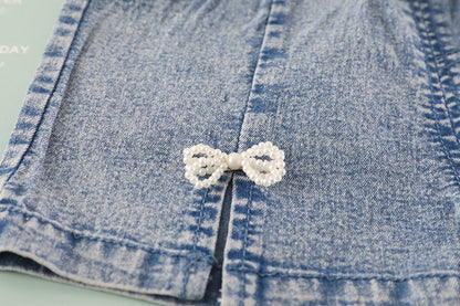 [001442] - Setelan Kaos Celana Pendek Jeans Anak Perempuan - Motif Pearl Ribbon