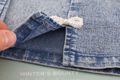 [001442] - Setelan Kaos Celana Pendek Jeans Anak Perempuan - Motif Pearl Ribbon