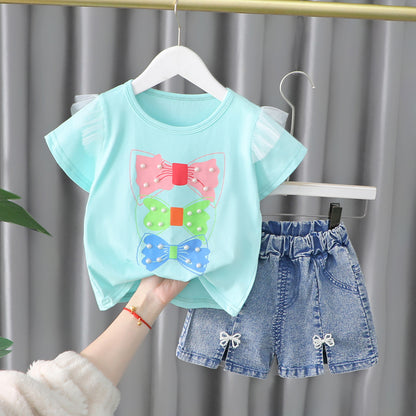 [001442] - Setelan Kaos Celana Pendek Jeans Anak Perempuan - Motif Pearl Ribbon