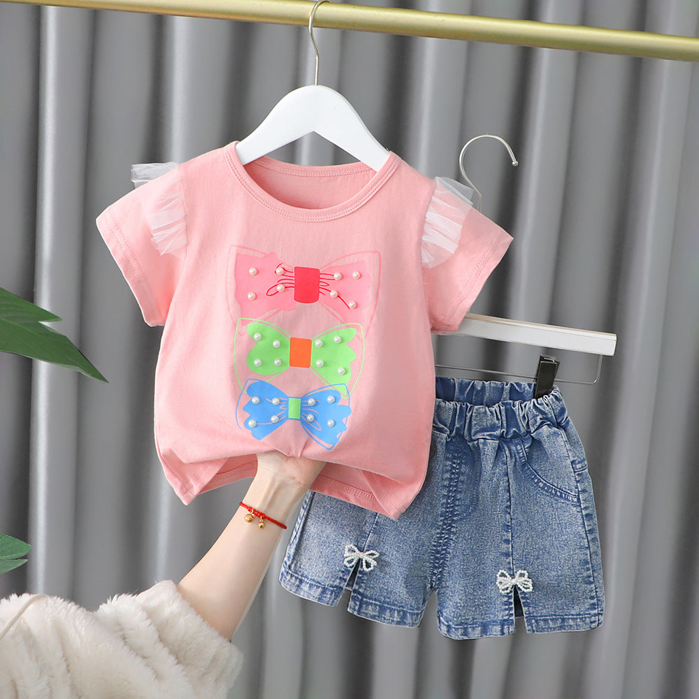 [001442] - Setelan Kaos Celana Pendek Jeans Anak Perempuan - Motif Pearl Ribbon
