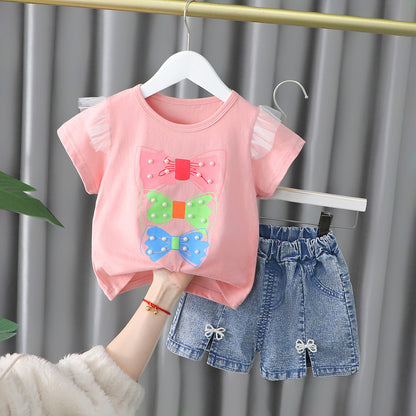 [001442] - Setelan Kaos Celana Pendek Jeans Anak Perempuan - Motif Pearl Ribbon
