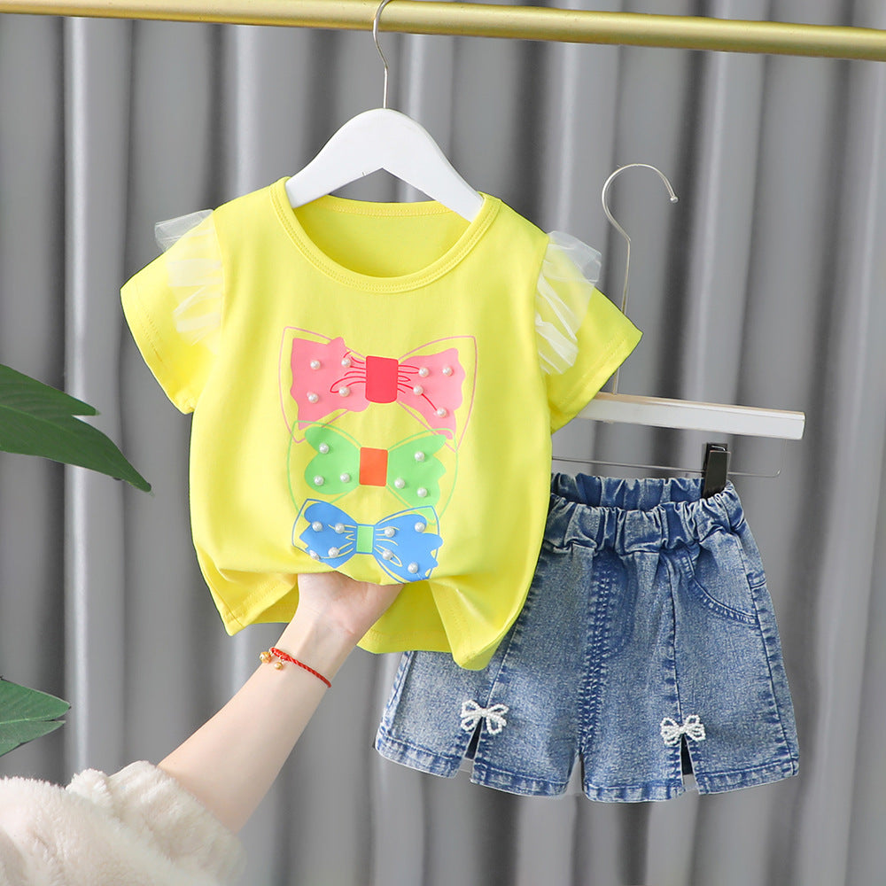[001442] - Setelan Kaos Celana Pendek Jeans Anak Perempuan - Motif Pearl Ribbon