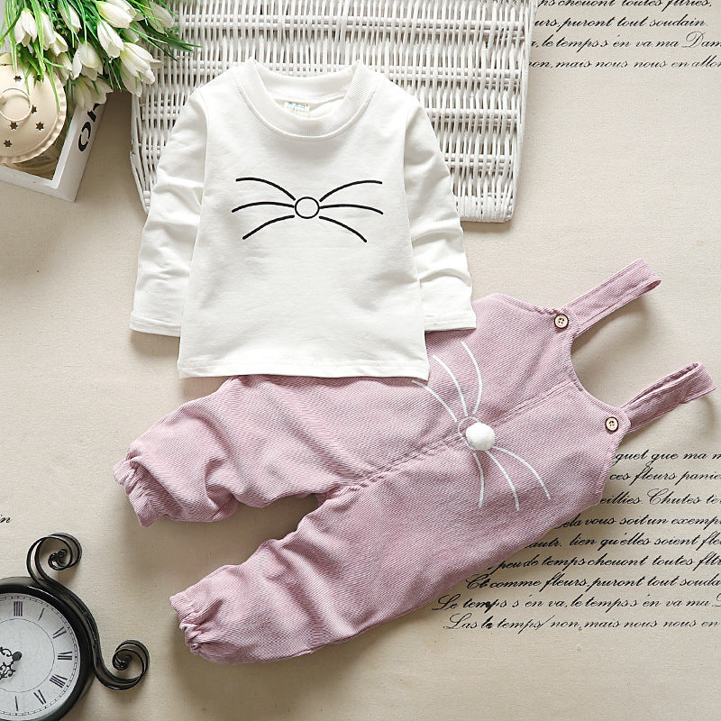 [102244-WHITE PINK] - Baju Setelan Overall Anak Perempuan - Motif Pom Pom Mustache
