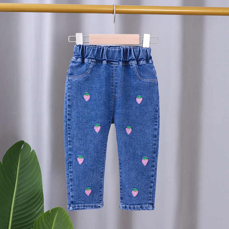 [102340] - Bawahan Jeans / Celana Panjang Anak Import - Motif Strawberry Bordir