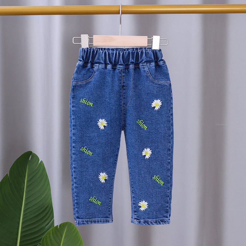 [102341] - Bawahan Jeans / Celana Panjang Anak Import - Motif Little Flower Bordir