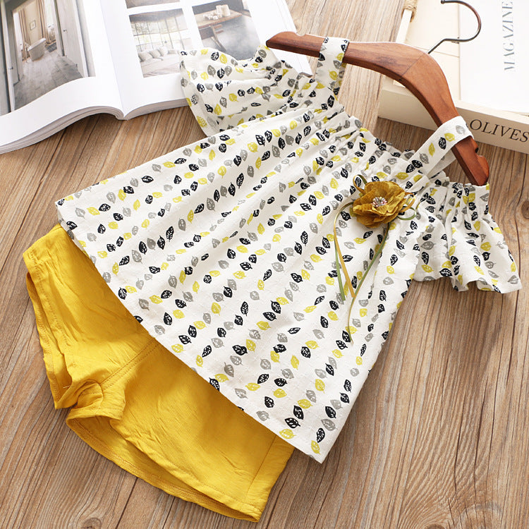 [363294-MUSTARD] - Setelan Fashion Anak Perempuan - Motif Flower Leaf Ribbon