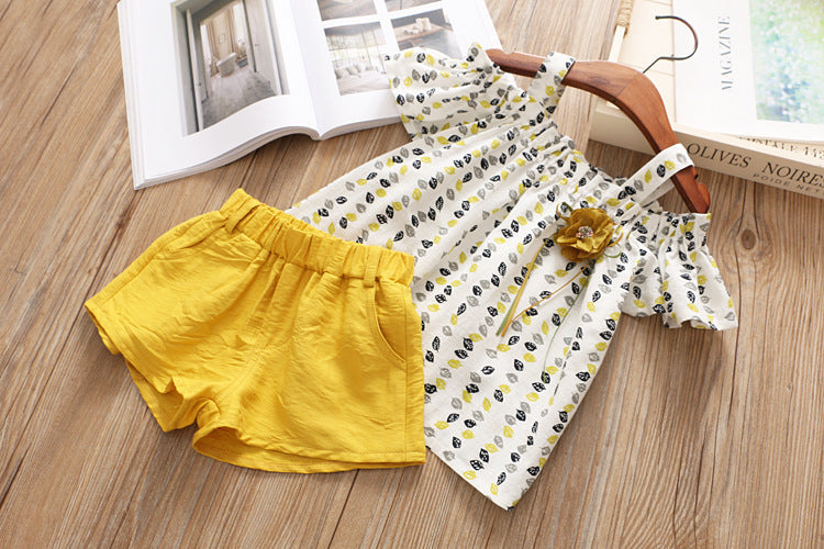 [363294-MUSTARD] - Setelan Fashion Anak Perempuan - Motif Flower Leaf Ribbon