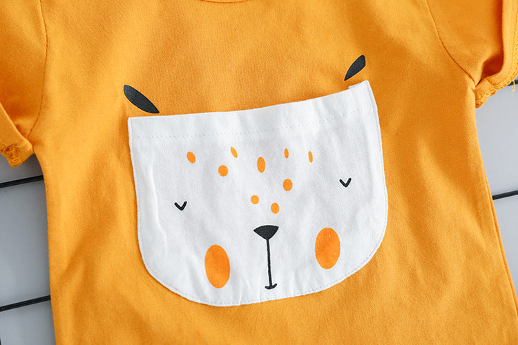 [367117-WHITE] - Baju Setelan Jalan 3D Anak Import  - Motif Big Pocket Animal