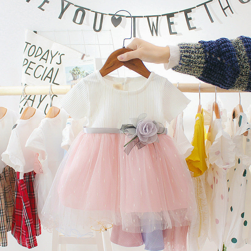 jual [352138-PINK WHITE] - Dress Renda Anak Perempuan Modish - Motif Flower Brooch 