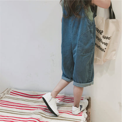 [508195] - Celana Overall Kodok Jeans Denim Anak Perempuan - Motif Plain Pocket