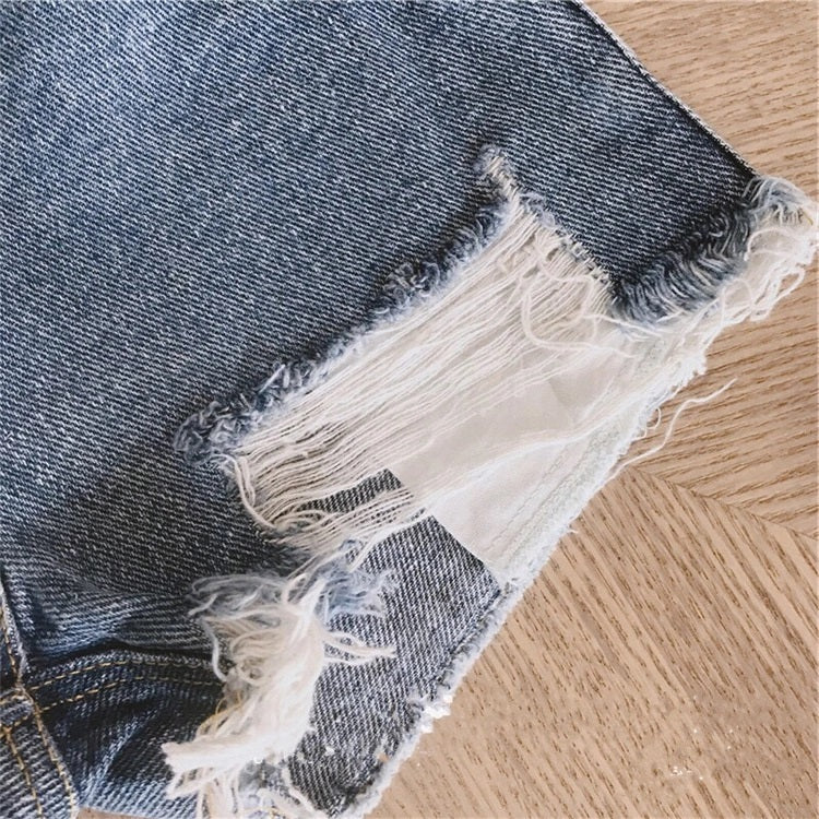 [508125-BLUE DENIM] - Celana Jeans Pendek Hot Pants Ribbed Sobek Denim Anak Perempuan Korea