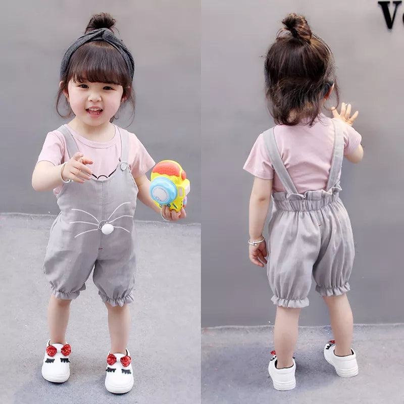 [102244-PENDEK] - Baju Setelan Overall Anak - Motif Pom Pom Mustache