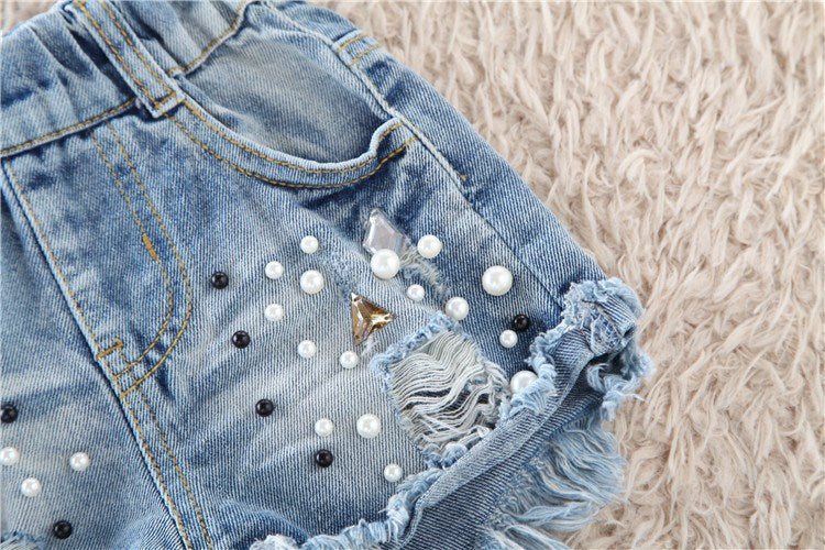 [508102] - Celana Pendek Jeans Import Anak Kekinian - Motif Pearl Tassel