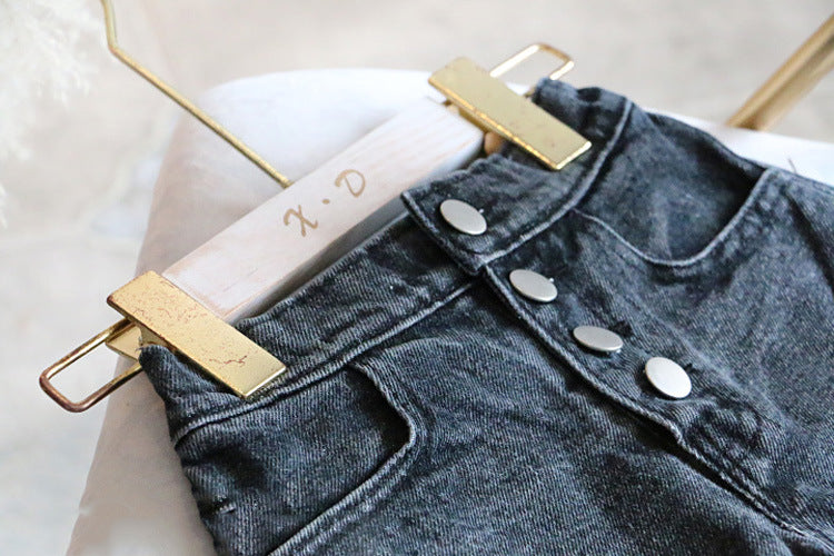 [508125-BLACK] - Celana Jeans Pendek Hot Pants Ribbed Sobek Denim Anak Perempuan Korea