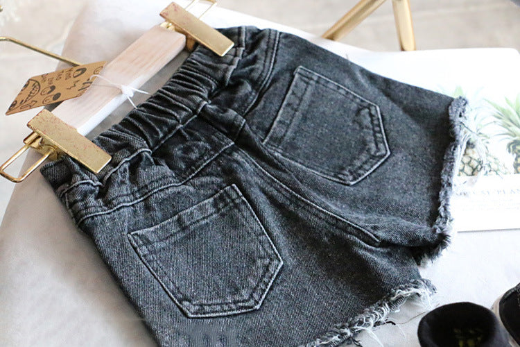 [508125-BLACK] - Celana Jeans Pendek Hot Pants Ribbed Sobek Denim Anak Perempuan Korea