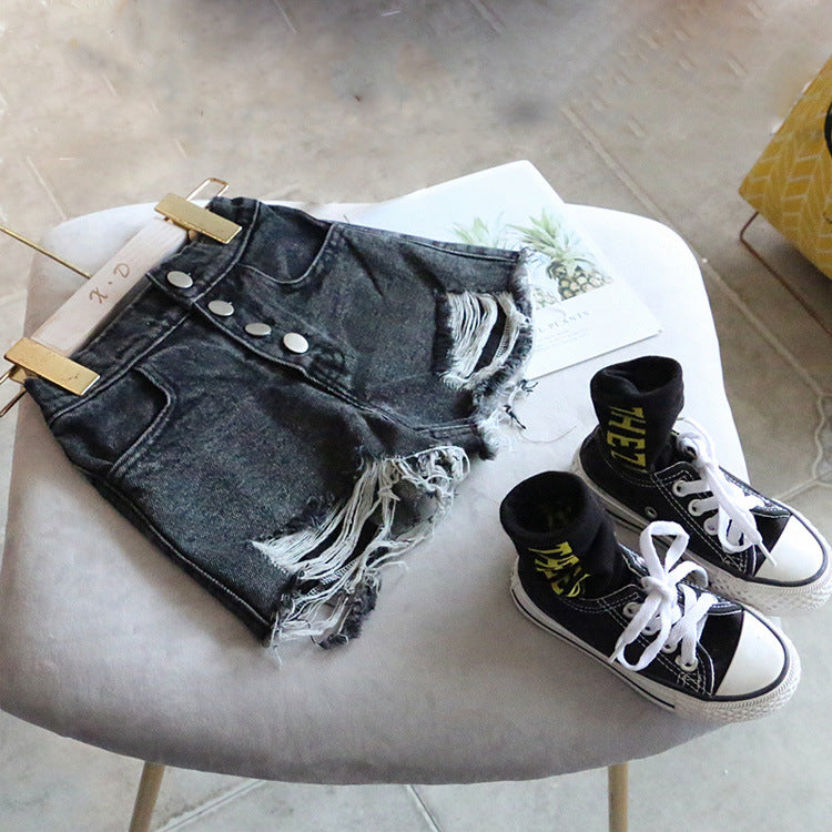 [508125-BLACK] - Celana Jeans Pendek Hot Pants Ribbed Sobek Denim Anak Perempuan Korea