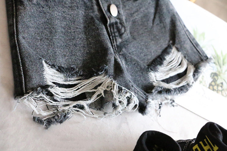 [508125-BLACK] - Celana Jeans Pendek Hot Pants Ribbed Sobek Denim Anak Perempuan Korea