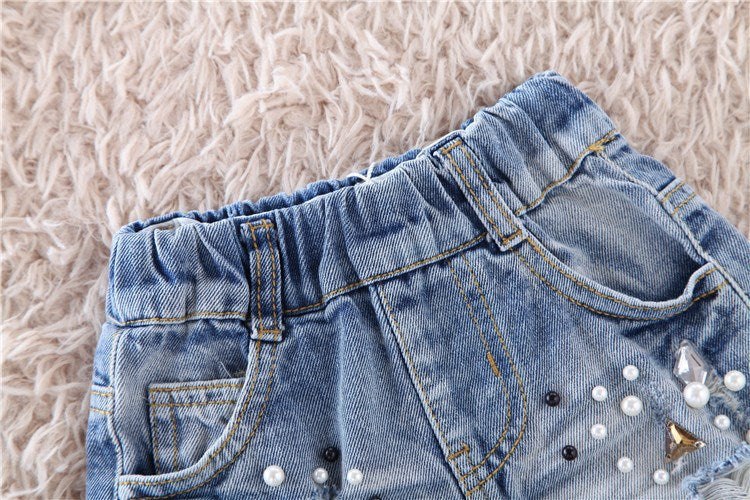 [508102] - Celana Pendek Jeans Import Anak Kekinian - Motif Pearl Tassel