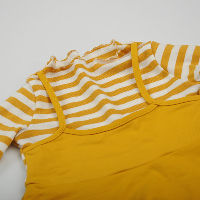 [102239-YELLOW] - Setelan Fashion Anak Perempuan Import - Motif Striped Plain