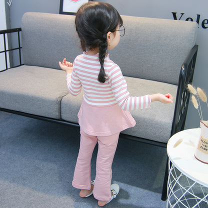 [102239-PINK] - Setelan Fashion Anak Perempuan Import - Motif Striped Plain