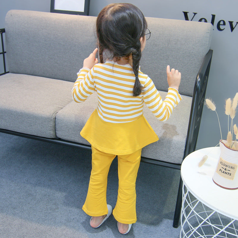 [102239-YELLOW] - Setelan Fashion Anak Perempuan Import - Motif Striped Plain
