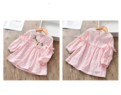 [511113-WHITE] - Dress Anak Fashion Kekinian - Motif Bordir Flower Leaf